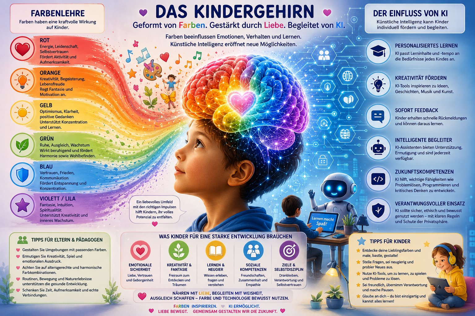 Bunte Infografik „A Child’s Brain“ in deutscher Beschriftung — Farbenpsychologie, KI-Einfluss, Empfehlungen für Eltern, Lehrpersonen und Kinder.