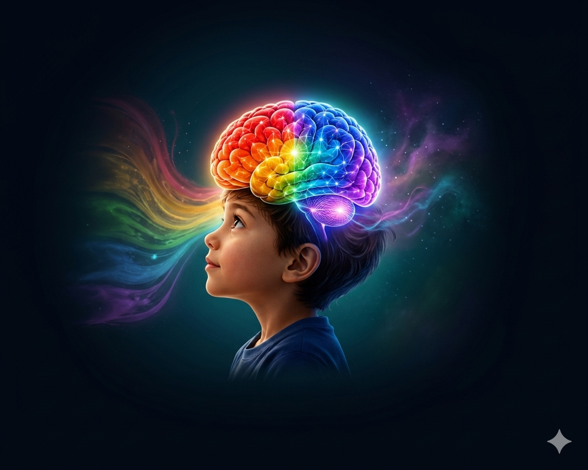 Junge mit leuchtend regenbogenfarbigem Gehirn auf dunklem Hintergrund.