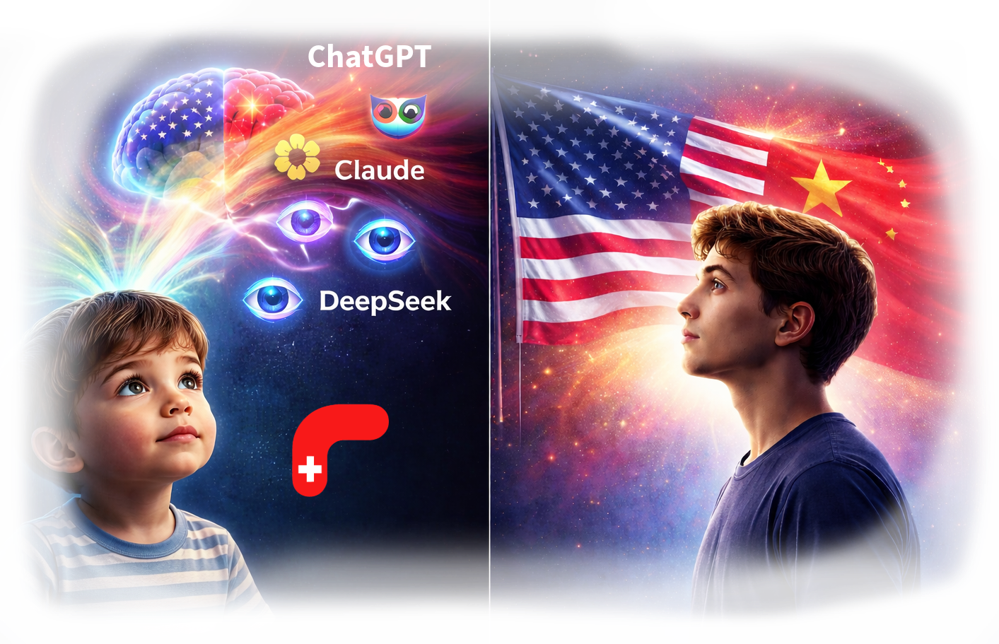 Diptychon: links ein kleines Kind, das zu den Logos von ChatGPT, Claude und DeepSeek aufblickt; rechts derselbe Mensch als Jugendlicher, der zur US- und Chinaflagge aufblickt.