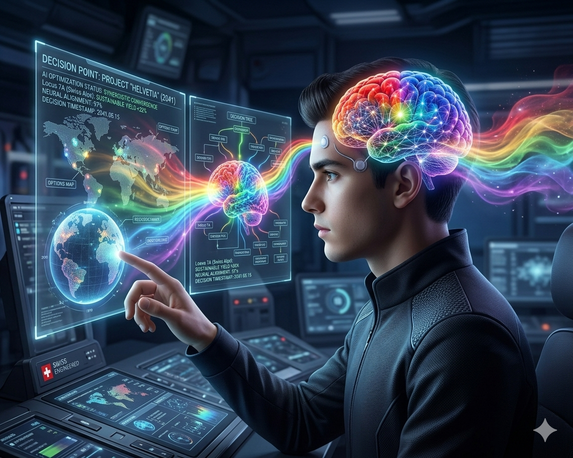 Junger Mensch an einer KI-Konsole mit holografischen Bildschirmen, Sternenkarte und farbigem Gehirn-Datenfluss.